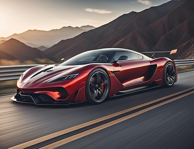 A red supercar on a road with mountains in the background