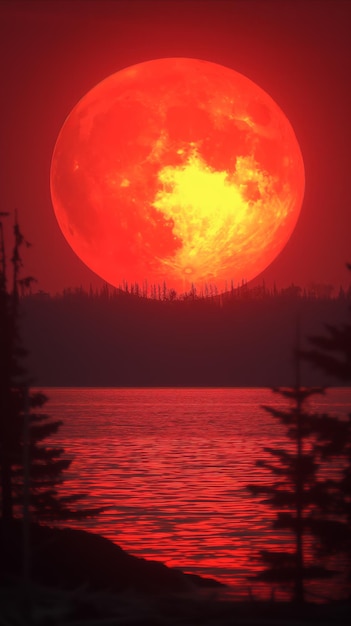 Red Supermoon Rising Over Serene Lake at Twilight