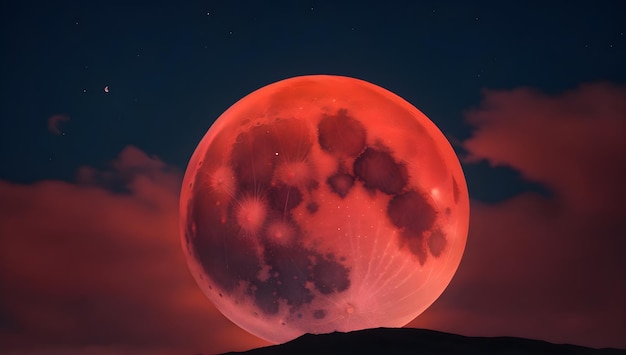 Red supermoon shining in a starry sky with clouds