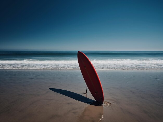 赤いサーフボードが砂の上にあり、水が打ち上げられています。