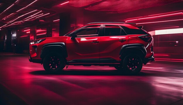 Photo a red suv with a black roof and a red light on the roof