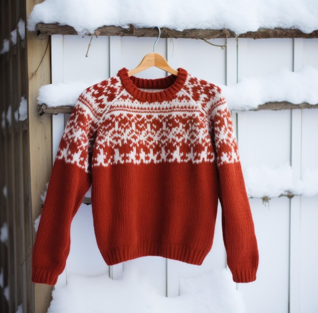 Photo a red sweater with snowy and white design on it is hanging