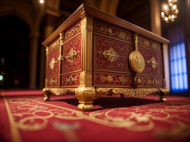 A red table cloth with a gold and red box on it