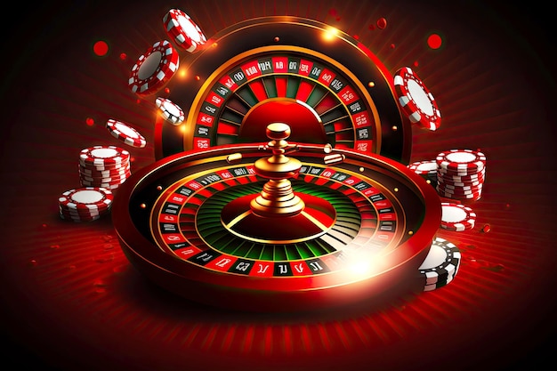 Red table for playing roulette and chips on casino elements background generative ai