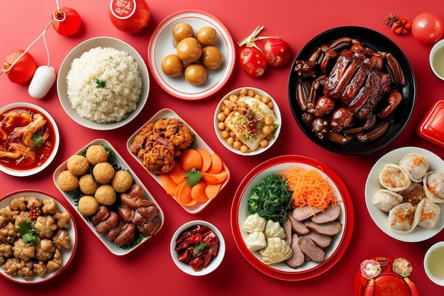 Photo a red table topped with lots of different types of food