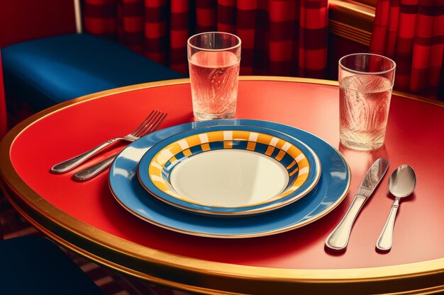 Photo a red table with a blue and gold checkered tablecloth