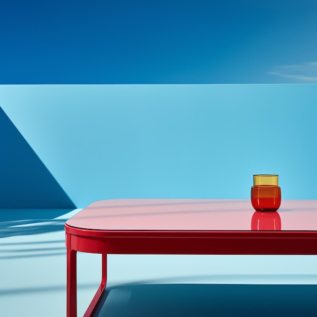 A red table with a candle on it