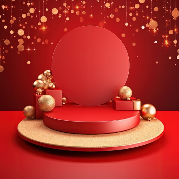 A red table with a gold ball and a red background with gold glitters.