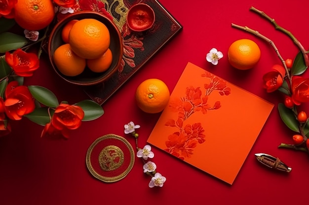 A red table with oranges and a gold plate with a flower on it.