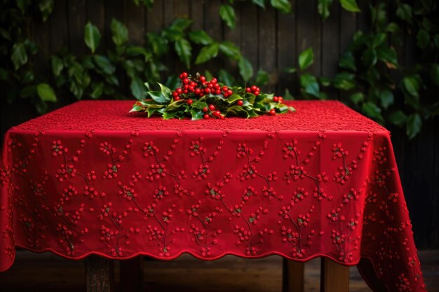 Red tablecloth with a trim of holly leaves