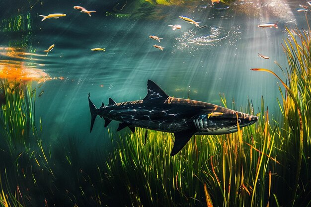 Red tailed black shark swimming among aquatic plants