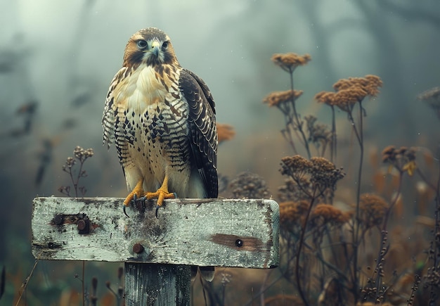 Photo red tailed hawk perched on sign in foggy field a photo capturing a hawk perched on a wooden sign