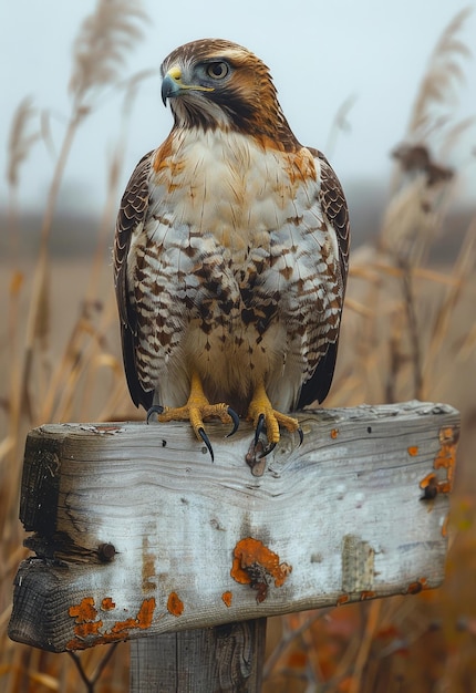 Foto falco dalla coda rossa poggiato su un palo di legno falco poggiato sul palo di legno nella foresta