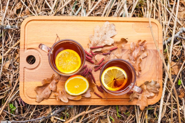 Red tea with lemon in glass mugs on the nature