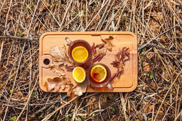 Red tea with lemon in glass mugs on the nature