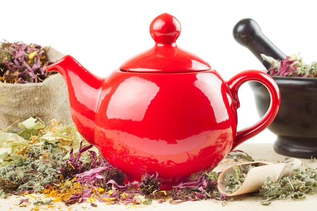 Red teapot mortar and pestle sack with healing herbs