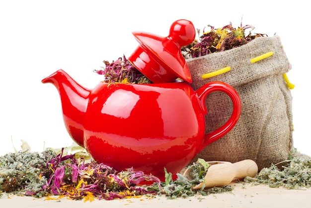 Red teapot mortar and pestle sack with healing herbs