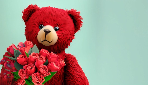A red teddy bear holding a bunch of roses