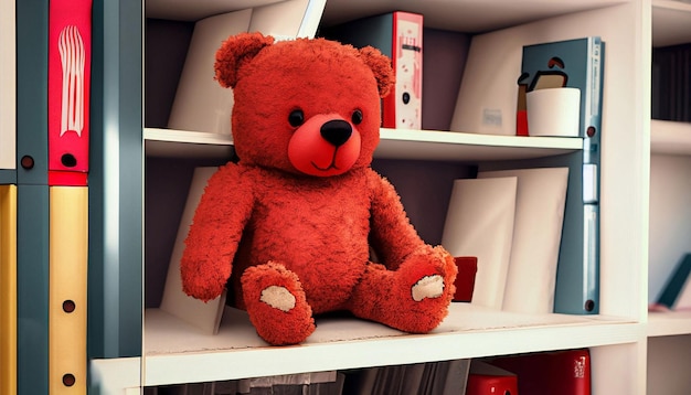 A red teddy bear sits on a shelf with a red folders on it.