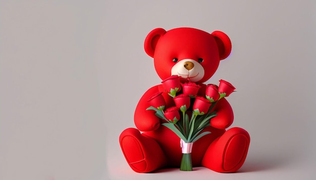 A red teddy bear with a bouquet of roses.