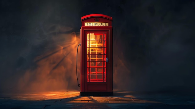 Красная телефонная будка стоит в темном и туманном переулке.