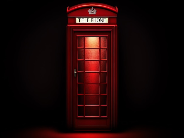 A red telephone booth with a light in the window