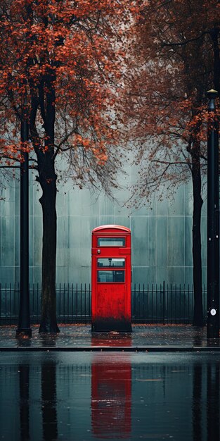 a red telephone box in front of a wall of trees