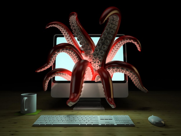 Photo red tentacles getting out of the computer monitor 3d rendering