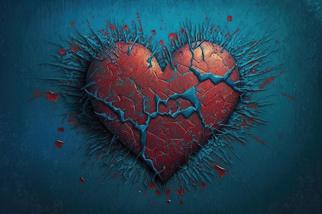 Red texture heart on blue background art of heart