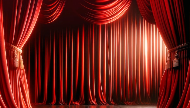 Красные театральные шторы на сцене с прожектором на заднем плане передают драматическую и элегантную атмосферу