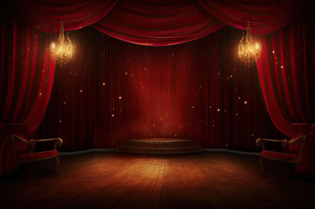 Red theater podium stage open curtain spotlight ai generated background