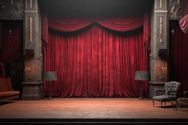 Red theater podium stage open curtain spotlight ai generated background