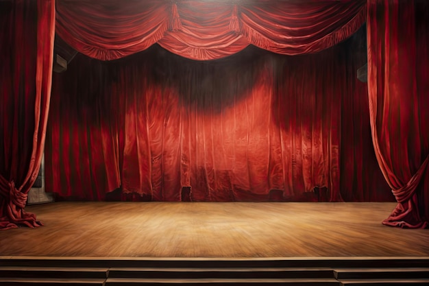 Red theater podium stage open curtain spotlight ai generated background