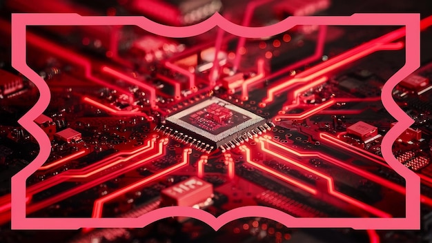 Red themed circuit board with chip close up