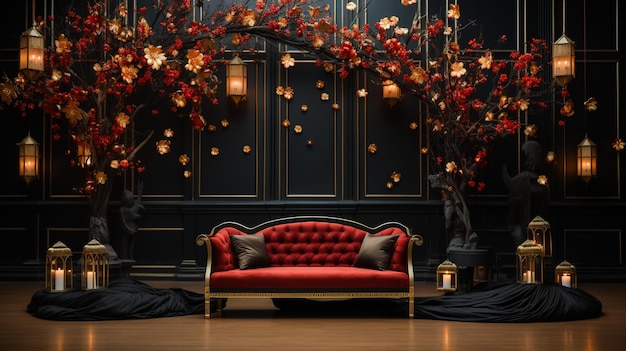 red themed wedding stage with gold trimmed benches