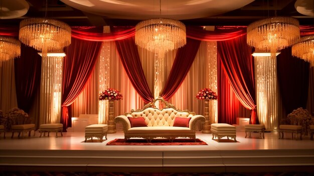 금색으로 장식 된 벤치와 함께 빨간색 테마의 결혼 무대