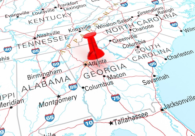 Photo red thumbtack over georgia state usa map. 3d rendering