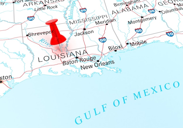 Red Thumbtack Over Louisiana State USA Map. 3D rendering