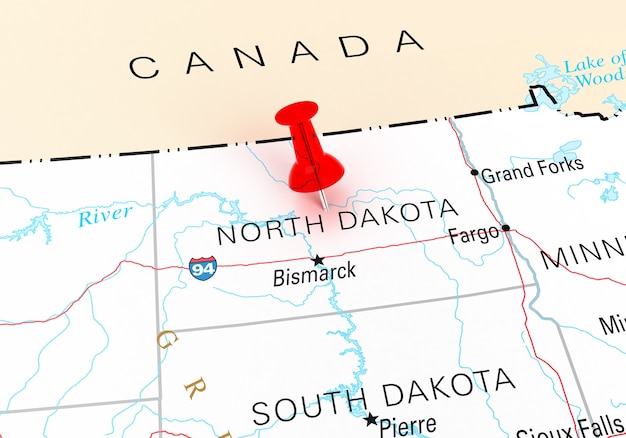 Photo red thumbtack over north dakota state usa map. 3d rendering