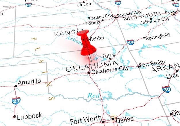 오클라호마 주립 미국 지도 위에 빨간색 압핀. 3D 렌더링
