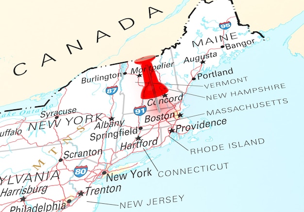 Фото Красная кнопка над картой штата массачусетс сша. 3d рендеринг
