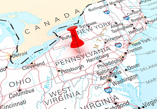 Foto puntina rossa sulla mappa degli stati uniti dello stato della pennsylvania. rendering 3d