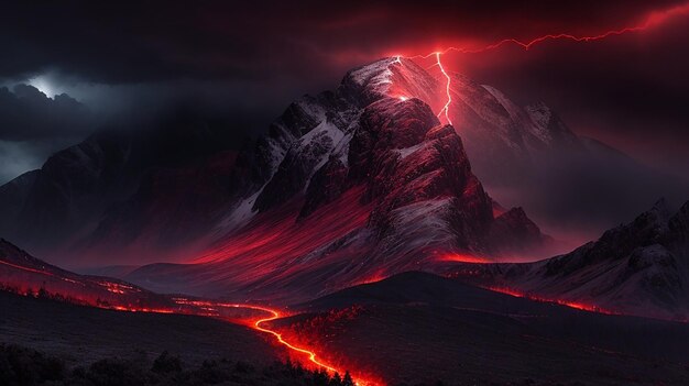 Red thunder in a mountain in the dark of night