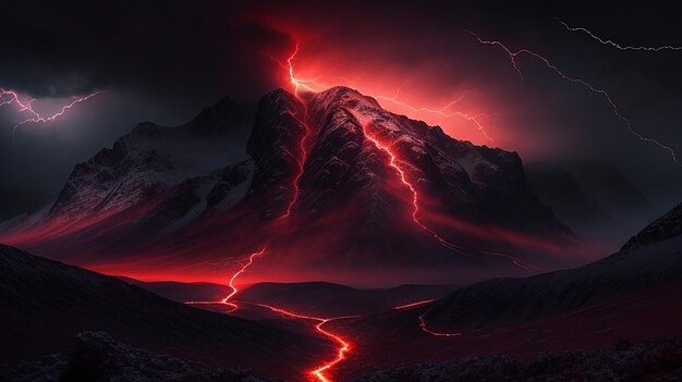 夜の闇の山に赤い雷が鳴る