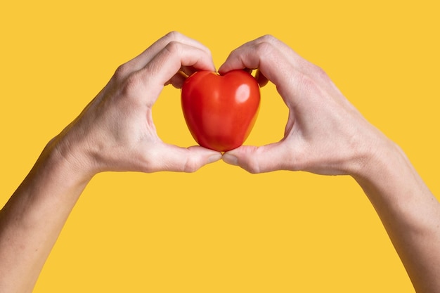 Photo red tomato in the form of a heart a symbol of love in hands