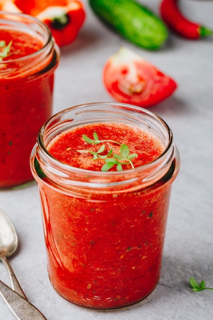 Red Tomato Gazpacho in glass mason jar Traditional Spanish cold soup