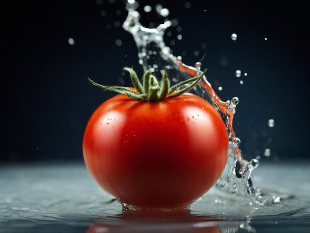 a red tomato is being splashed with water