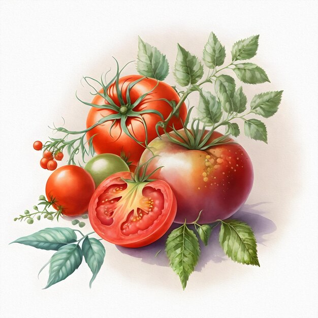 Red tomato is a greenhouse vegetable Illustration of a tomato with green leaves on a white background Proper nutrition ripe tomato vegetable