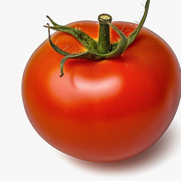 A red tomato is on a white background with green stems.