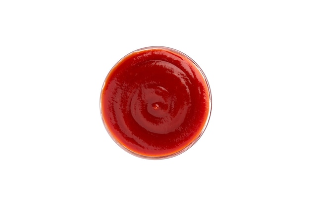 Photo red tomato sauce in a bowl isolated on white background single object from above top view ketchup in a glass saucer